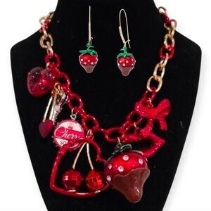 ❤️🔹️Betsey Johnson 🔹️Red Cherry Coke Strawberry  Love Charm Earring + Necklace
